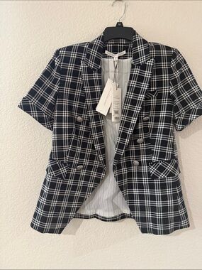 Veronica Beard Navy and White Plaid Short-Sleeve Blazer